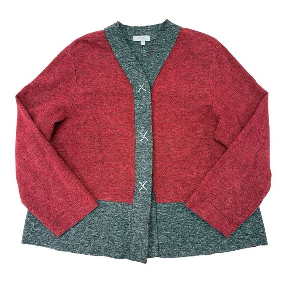 Habitat Jacket Large Red Gray Boxy Colorblock Snap Button Felt Lagenlook Boho - Picture 1 of 9